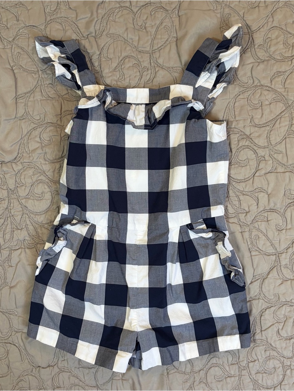 Janie And Jack Girls Romper Size 6 Navy White Gingham Check 100% Cotton Ruffles